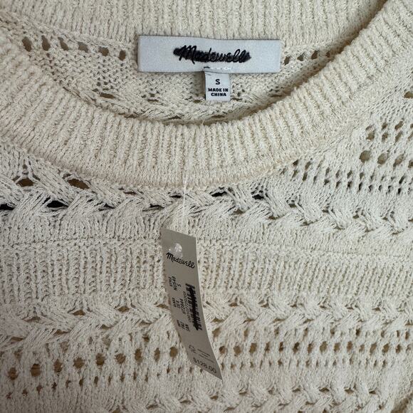 Madewell Scalloped-Trim Sweater Tee WMNS S Sand Crewneck Crop Open Knit Pullover - Picture 5 of 8